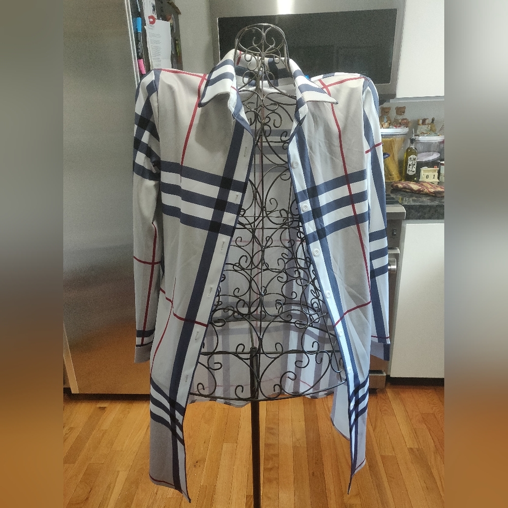 SeNight Burberry Plaid Style Blouse Long Sleeve Button Down T-Shirt